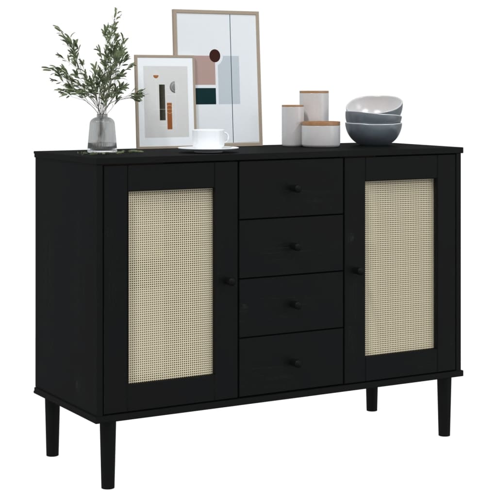 Komoda SENJA crna izgled ratana 112x40x80 cm masivna borovina