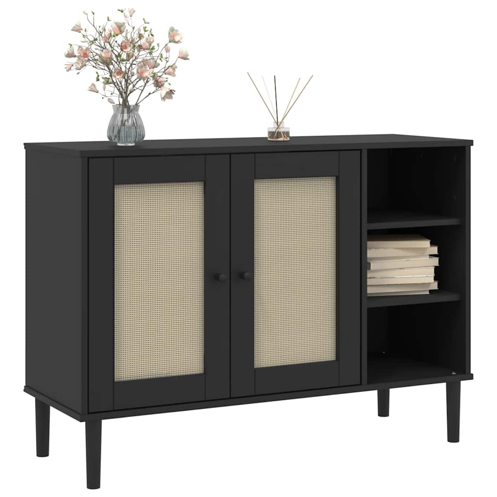 Komoda SENJA crna izgled ratana 112x40x80 cm masivna borovina