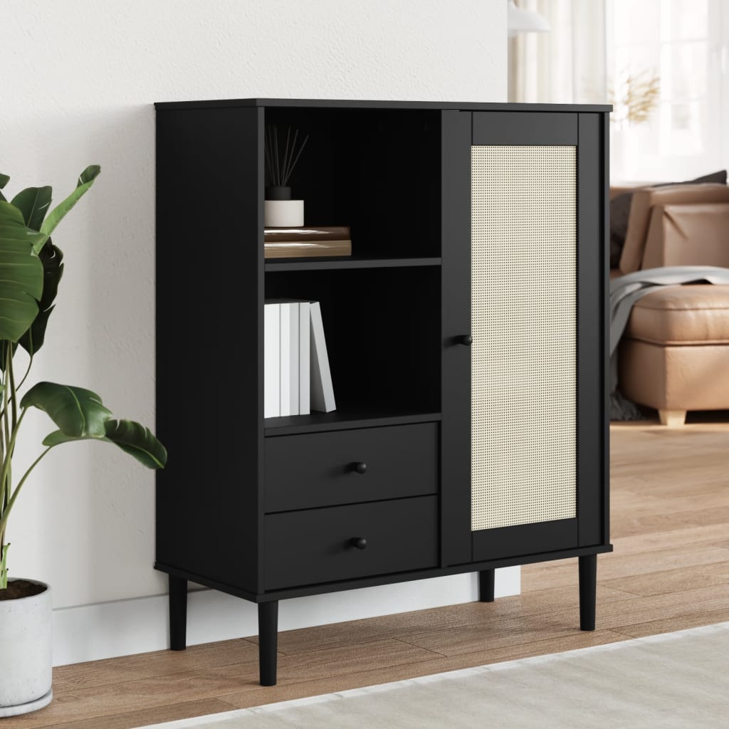 Visoka komoda SENJA crna izgled ratana 90x40x112 cm borovina
