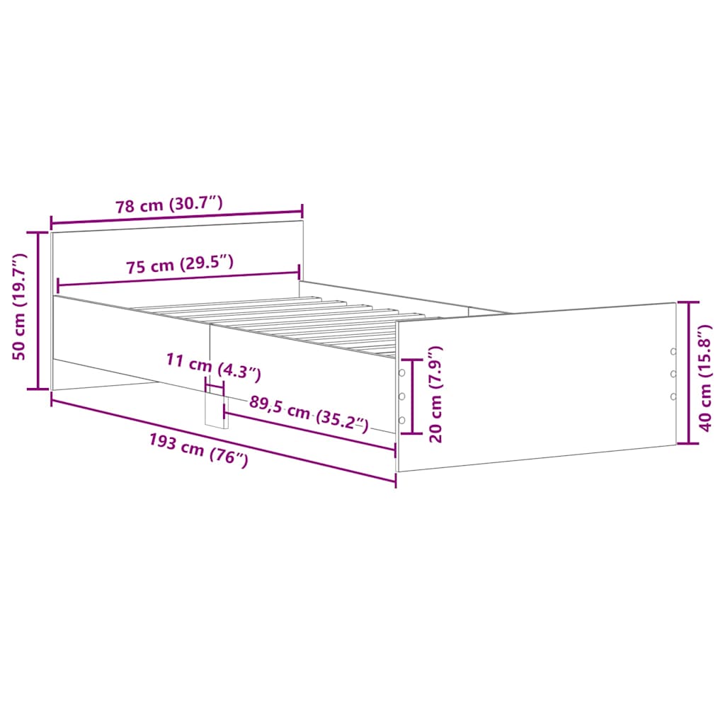 Okvir kreveta bijeli 75 x 190 cm mali od konstruiranog drva