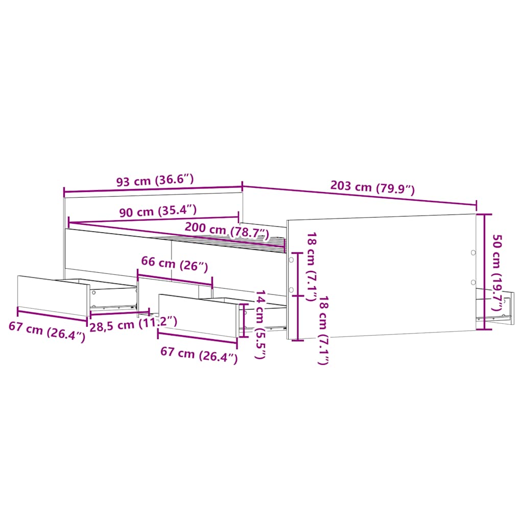 Okvir kreveta s uzglavljem i podnožjem boja hrasta 90 x 200 cm