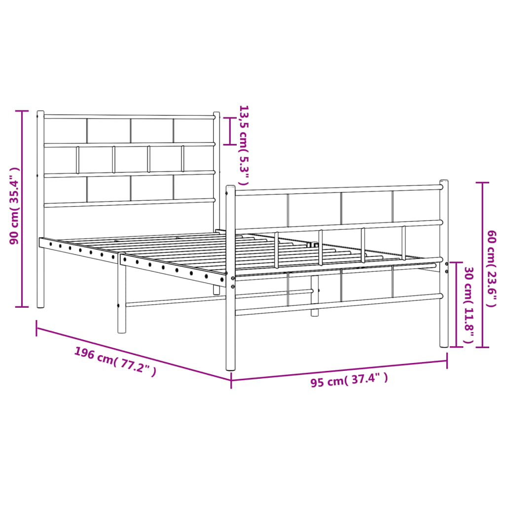 Metalni okvir kreveta uzglavlje i podnožje crni 90x190 cm