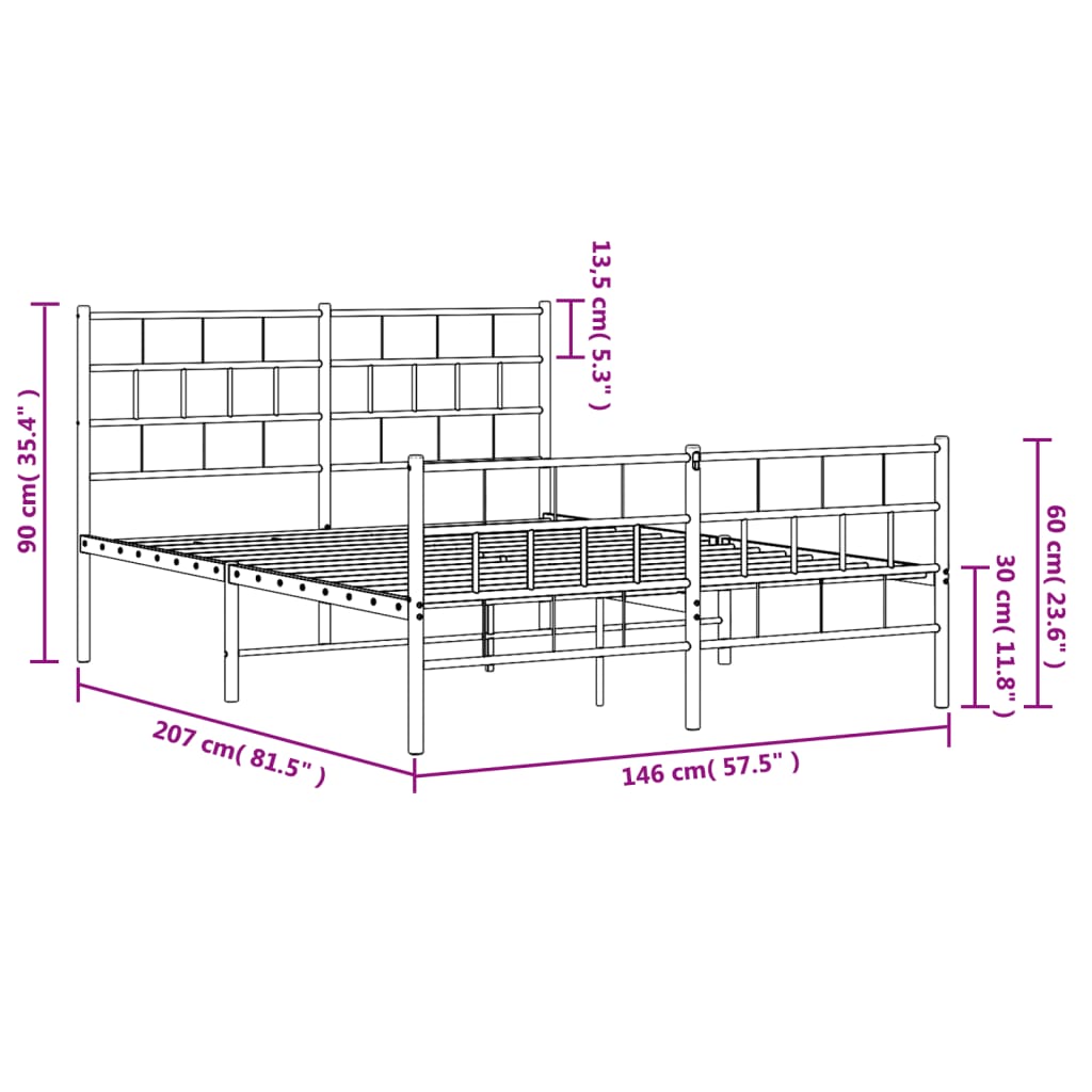 Metalni okvir kreveta uzglavlje i podnožje crni 140x200 cm