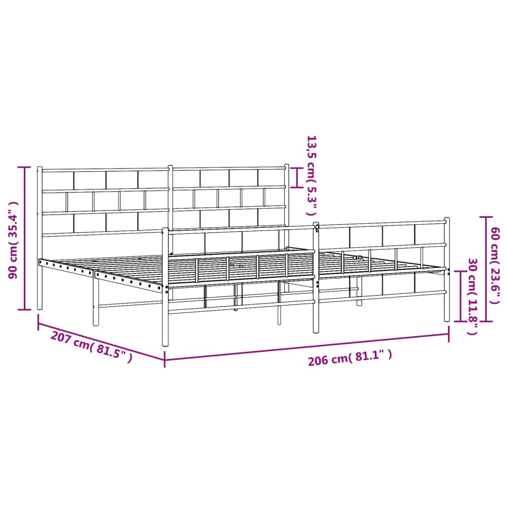 Metalni okvir kreveta uzglavlje i podnožje crni 200x200 cm