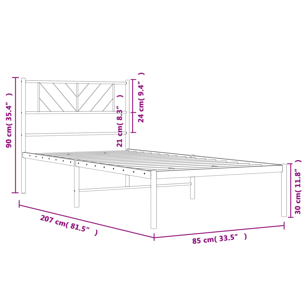 Metalni okvir za krevet s uzglavljem bijeli 80x200 cm