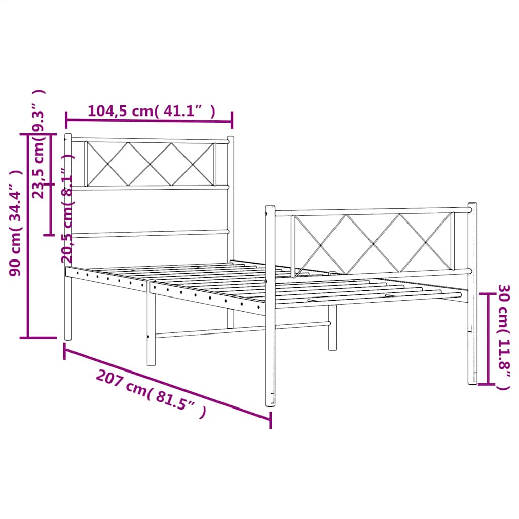 Metalni okvir kreveta uzglavlje i podnožje crni 100x200 cm