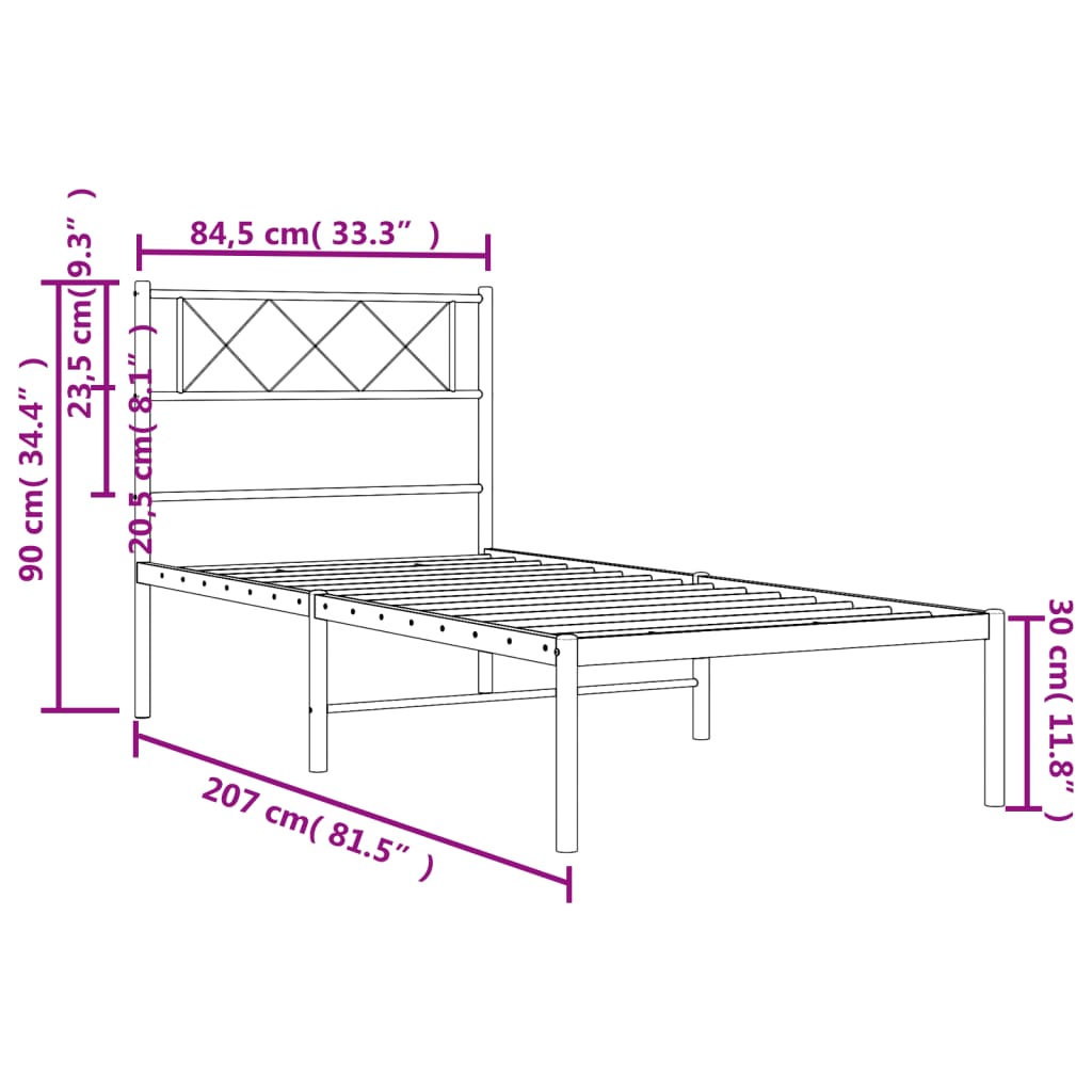 Metalni okvir za krevet s uzglavljem bijeli 80x200 cm