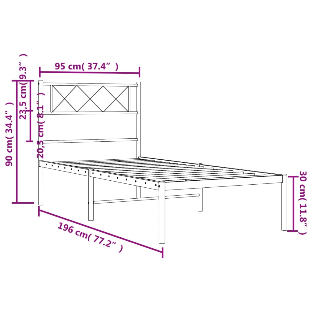 Metalni okvir za krevet s uzglavljem bijeli 90 x 190 cm
