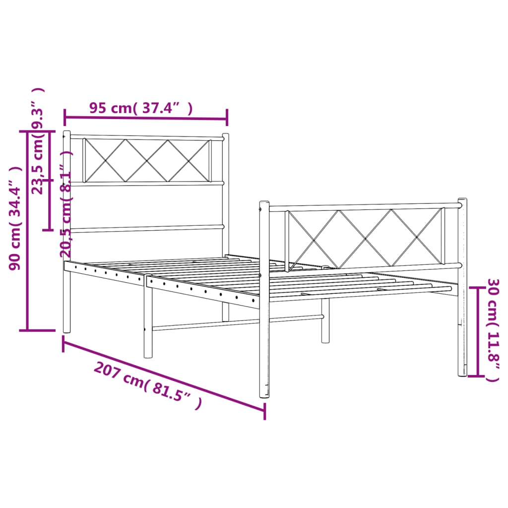 Metalni okvir kreveta uzglavlje i podnožje bijeli 90 x 200 cm