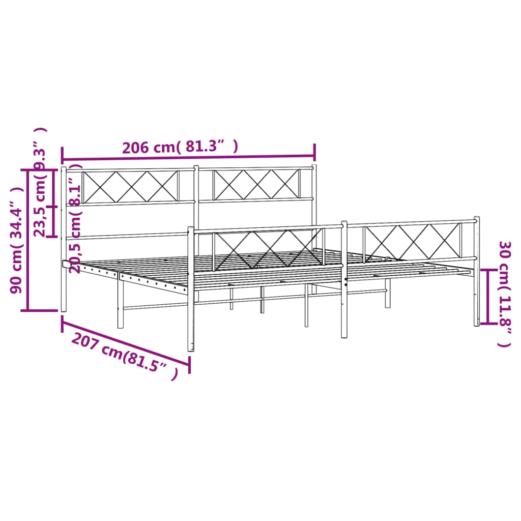 Metalni okvir kreveta uzglavlje i podnožje bijeli 200x200 cm