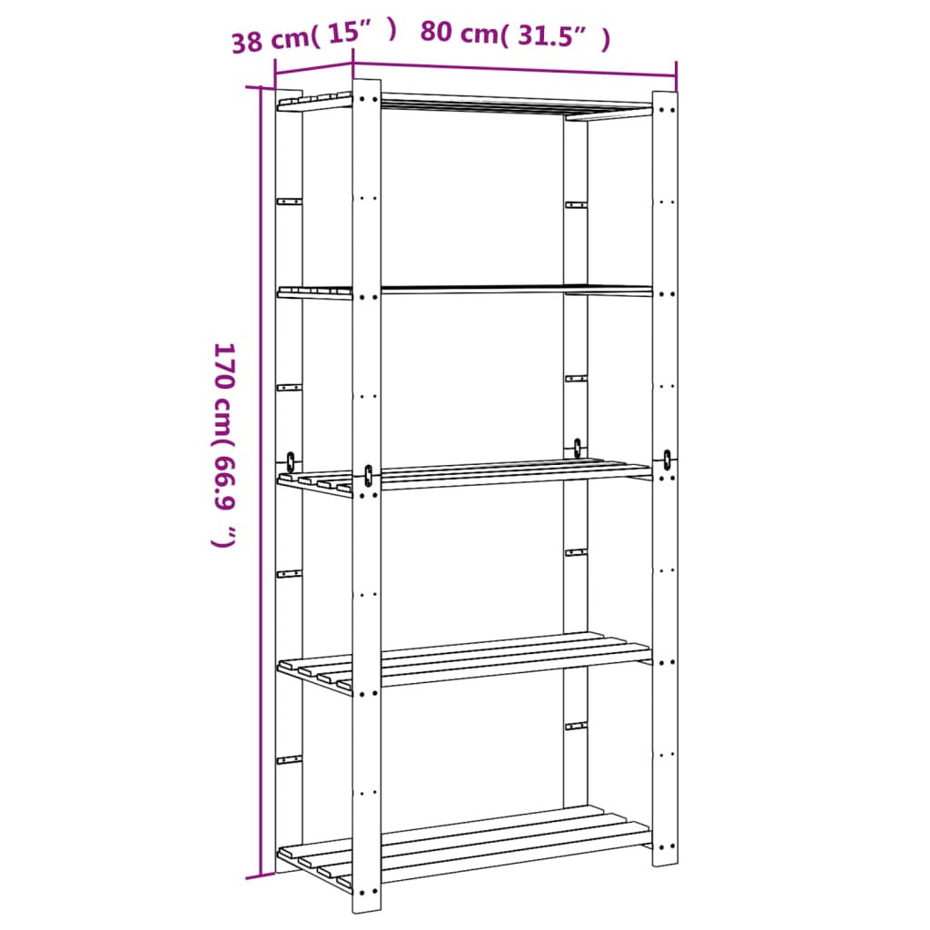 Stalak za pohranu 5 razina sivi 80x38x170 cm masivna borovina