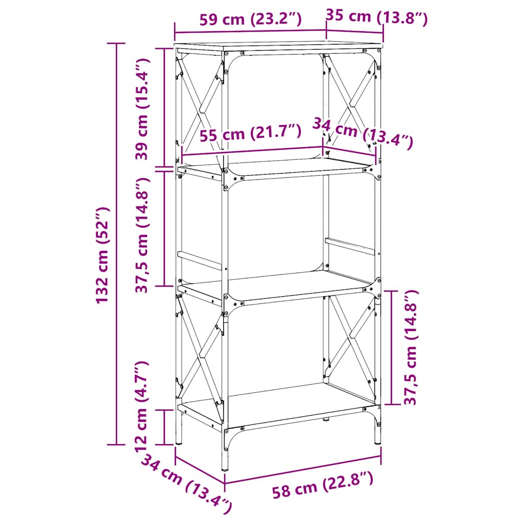 Regal za knjige s 4 razine siva boja hrasta 59x35x132 cm drveni