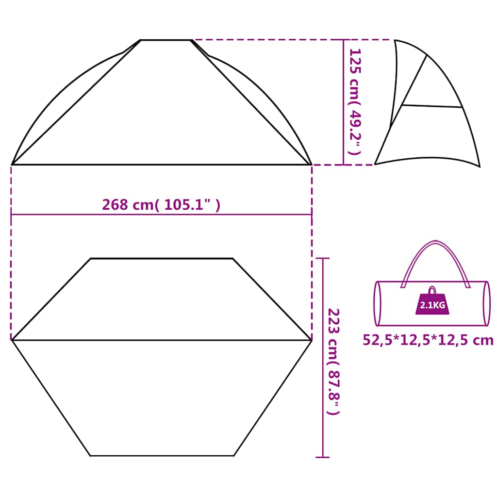 Šator za plažu sivi 268 x 223 x 125 cm 185T poliesterski