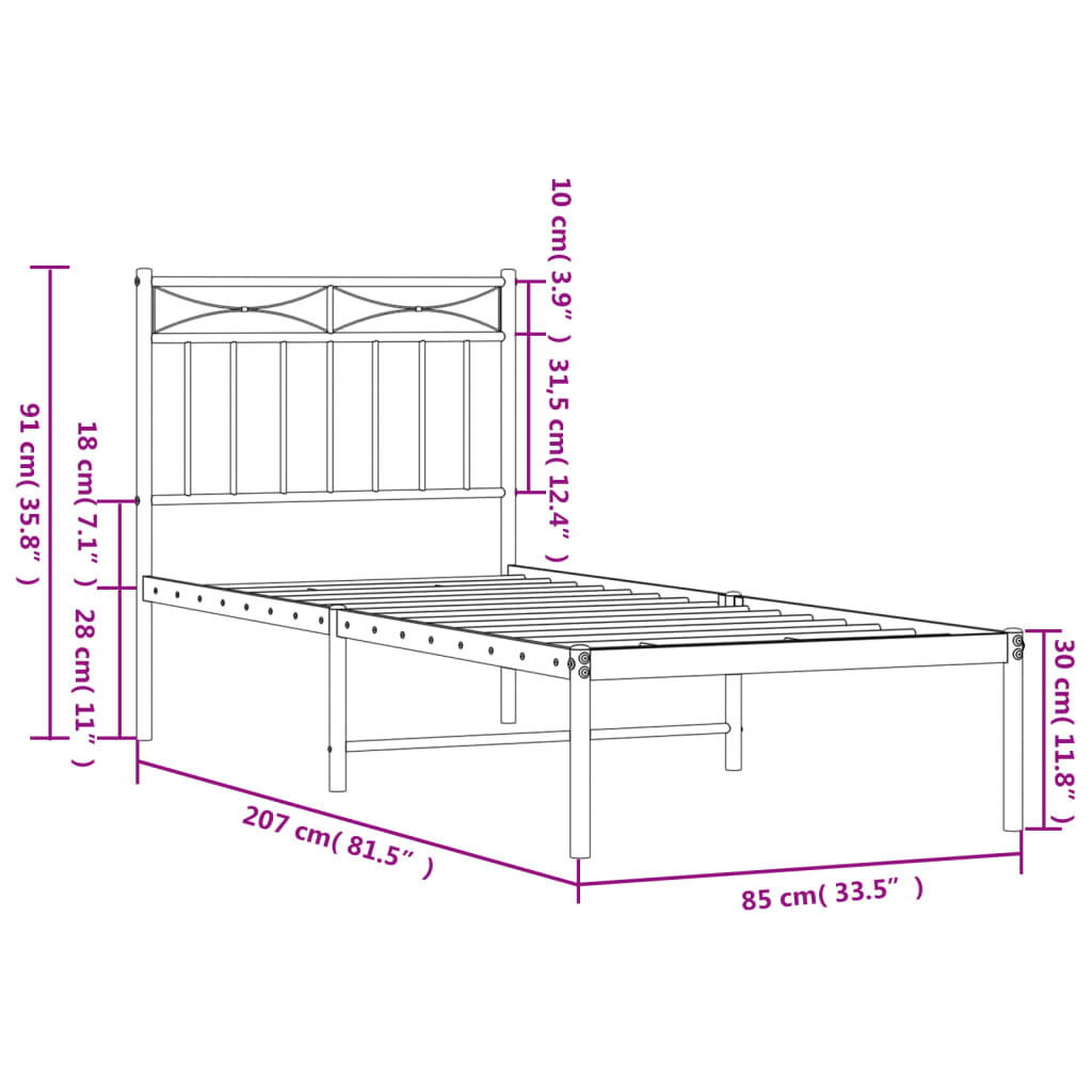 Metalni okvir za krevet s uzglavljem crni 80x200 cm