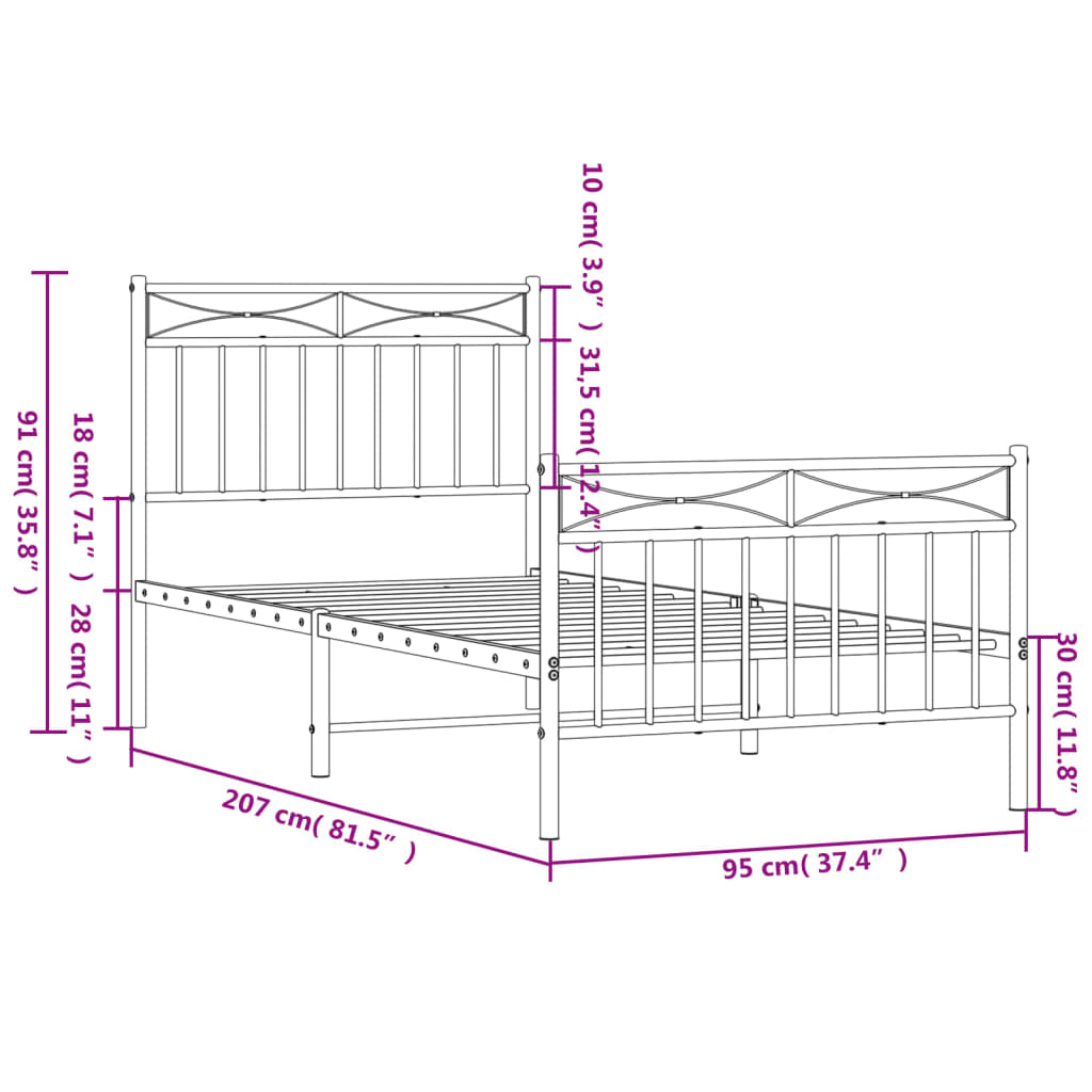 Metalni okvir kreveta uzglavlje i podnožje crni 90 x 200 cm