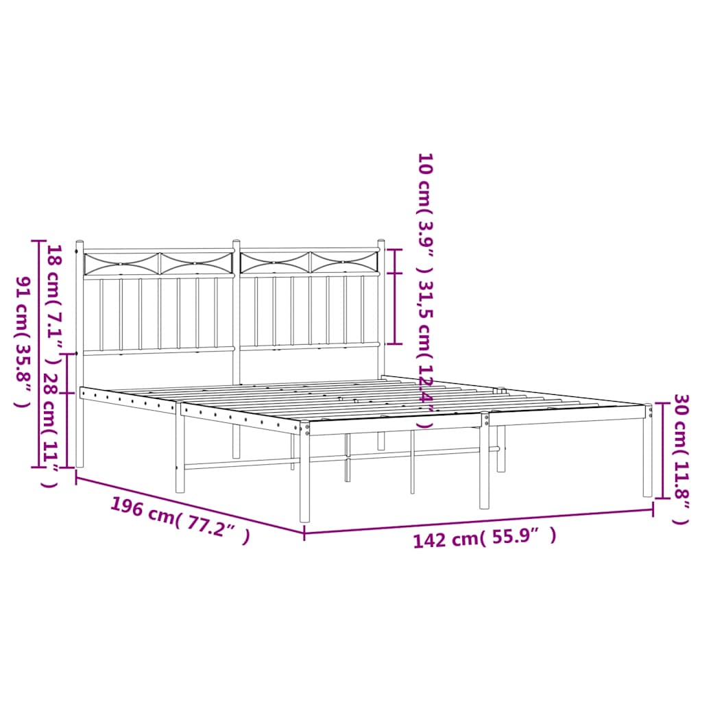 Metalni okvir za krevet s uzglavljem bijeli 135x190 cm