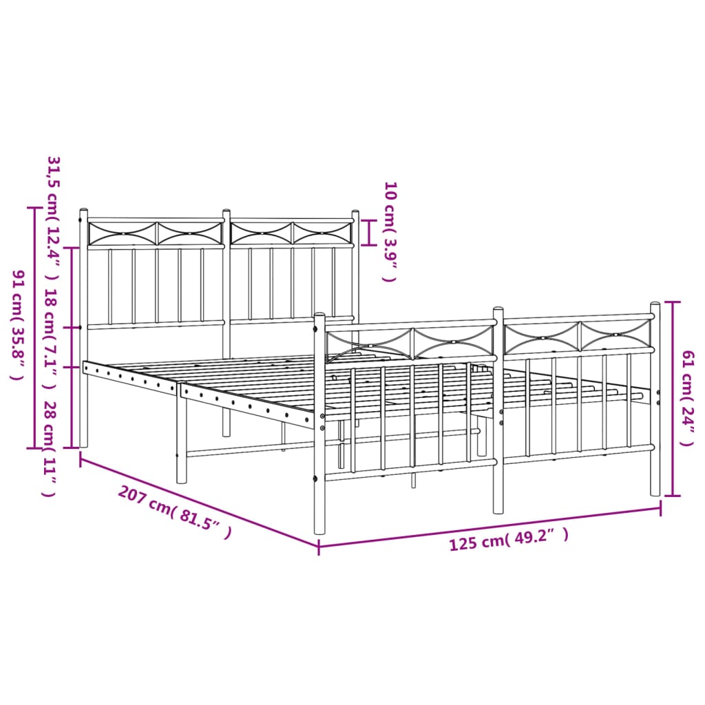 Metalni okvir kreveta uzglavlje i podnožje bijeli 120x200 cm