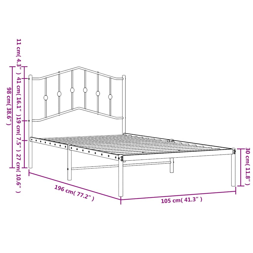 Metalni okvir za krevet s uzglavljem crni 100x190 cm