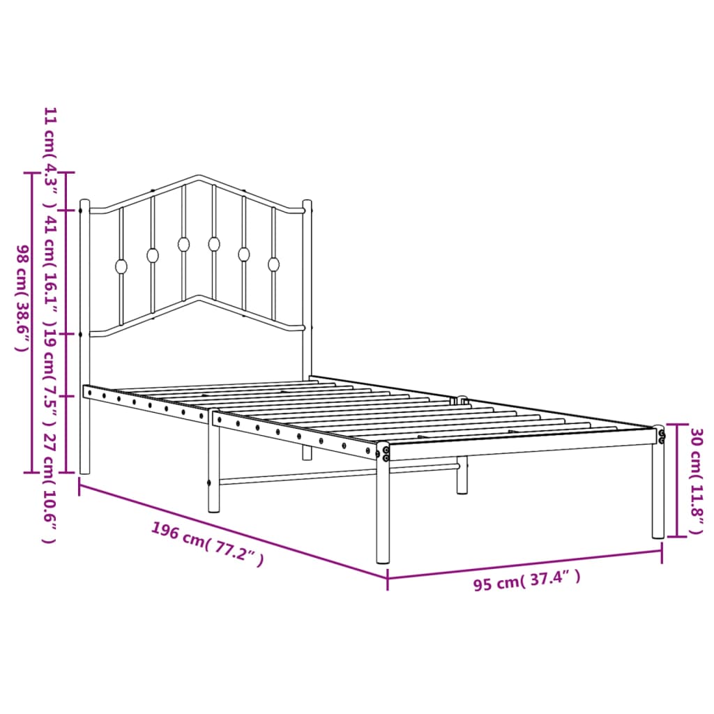 Metalni okvir za krevet s uzglavljem bijeli 90 x 190 cm