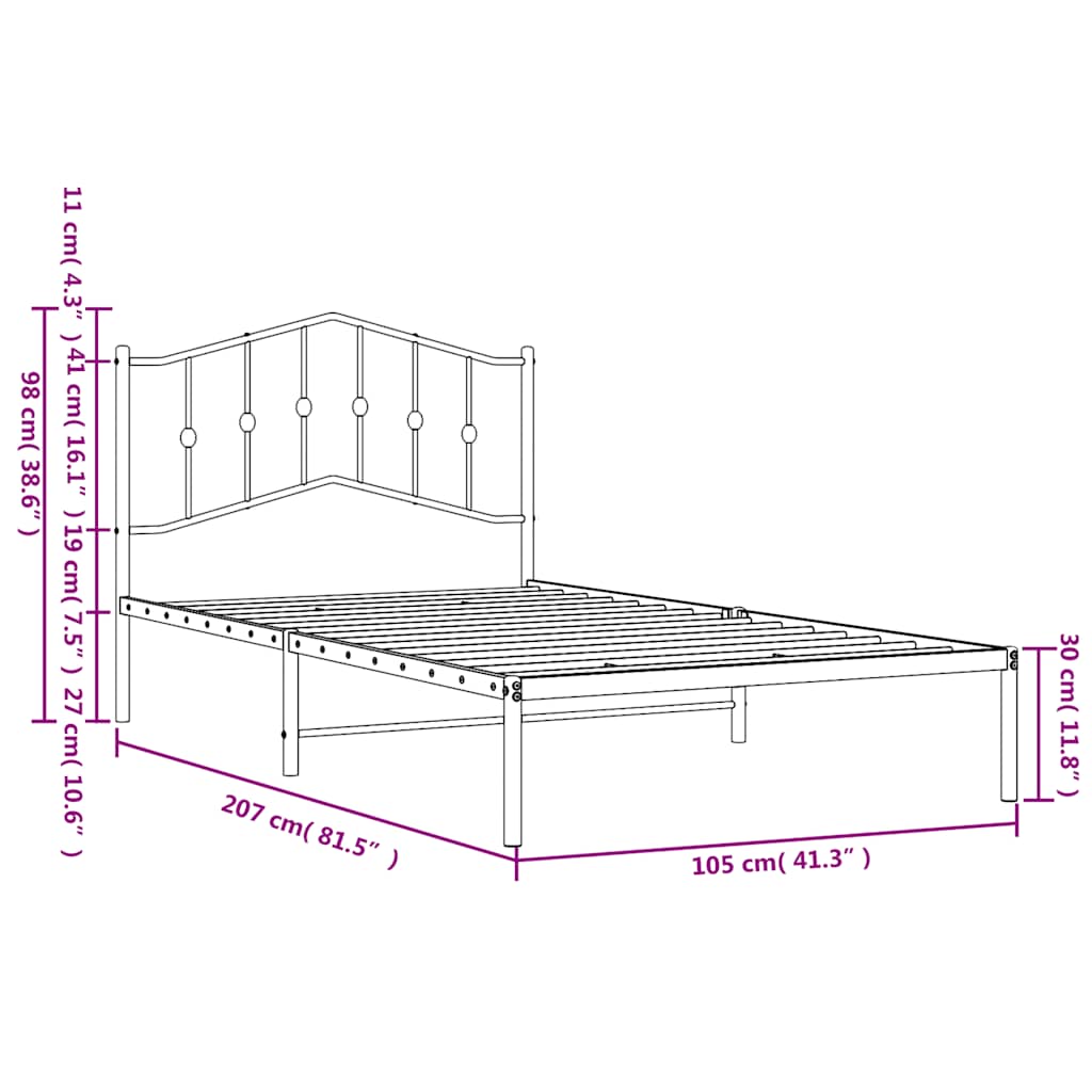 Metalni okvir za krevet s uzglavljem bijeli 100x200 cm