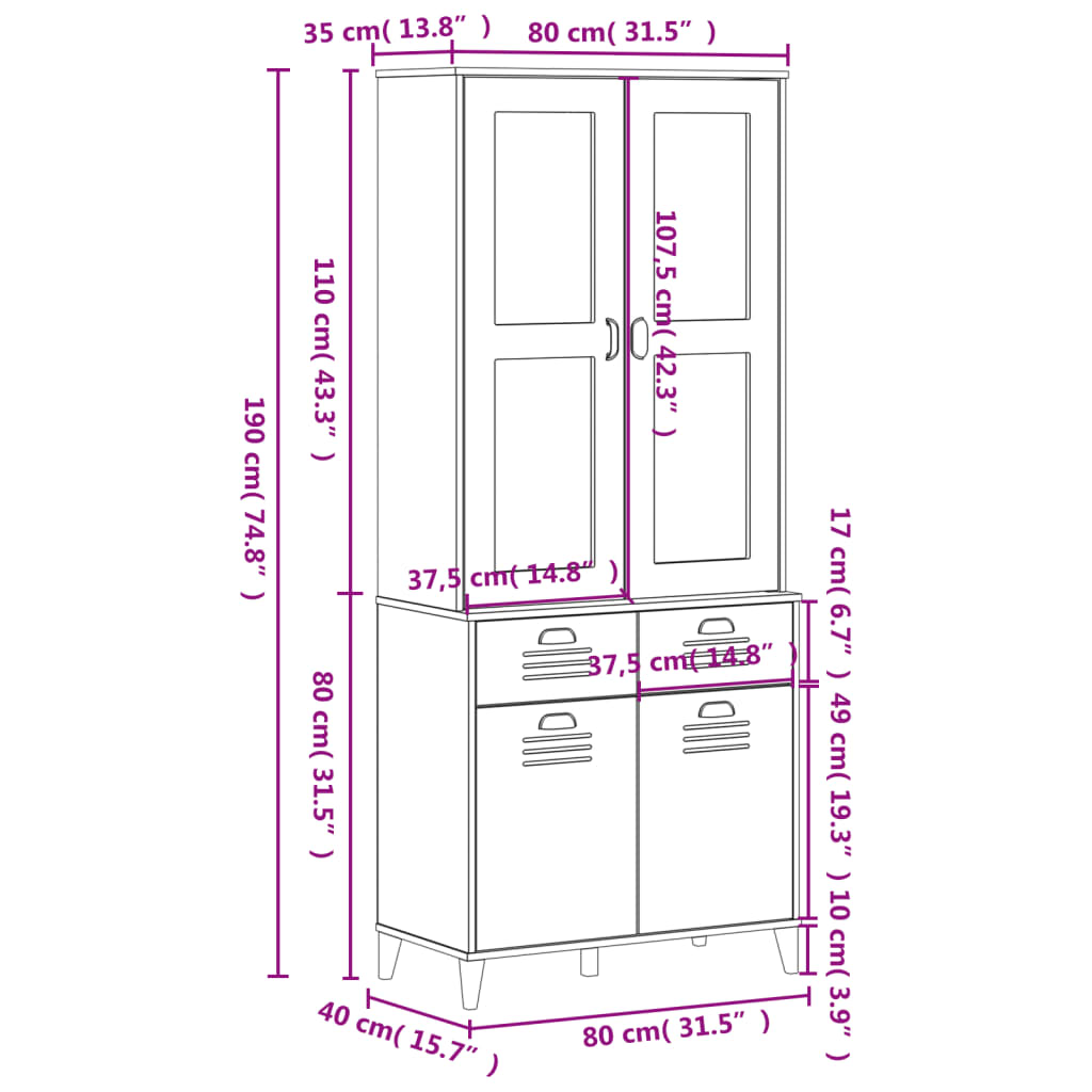 Visoka komoda VIKEN bijela 80 x 40 x 190 cm od masivne borovine