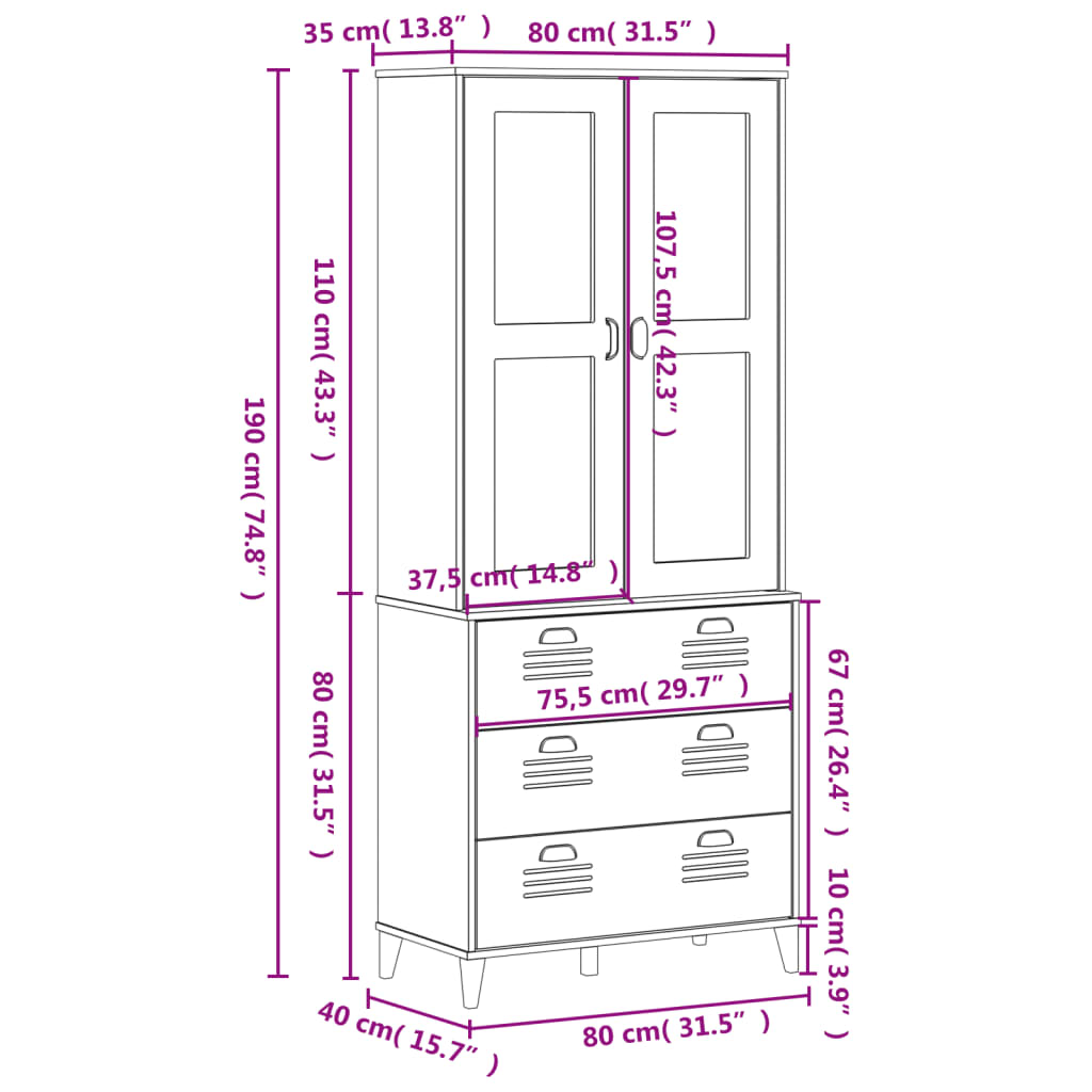 Visoka komoda VIKEN bijela 80 x 40 x 190 cm od masivne borovine