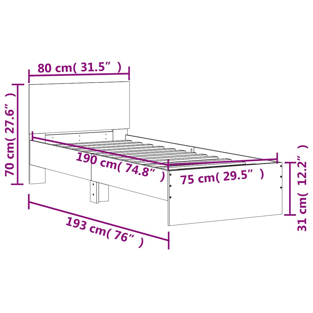 Okvir za krevet s uzglavljem crni 75x190 cm konstruirano drvo