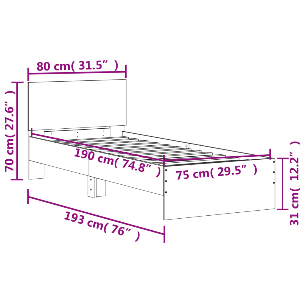 Okvir kreveta bez madraca s uzglavljem boja hrasta 75x190 cm