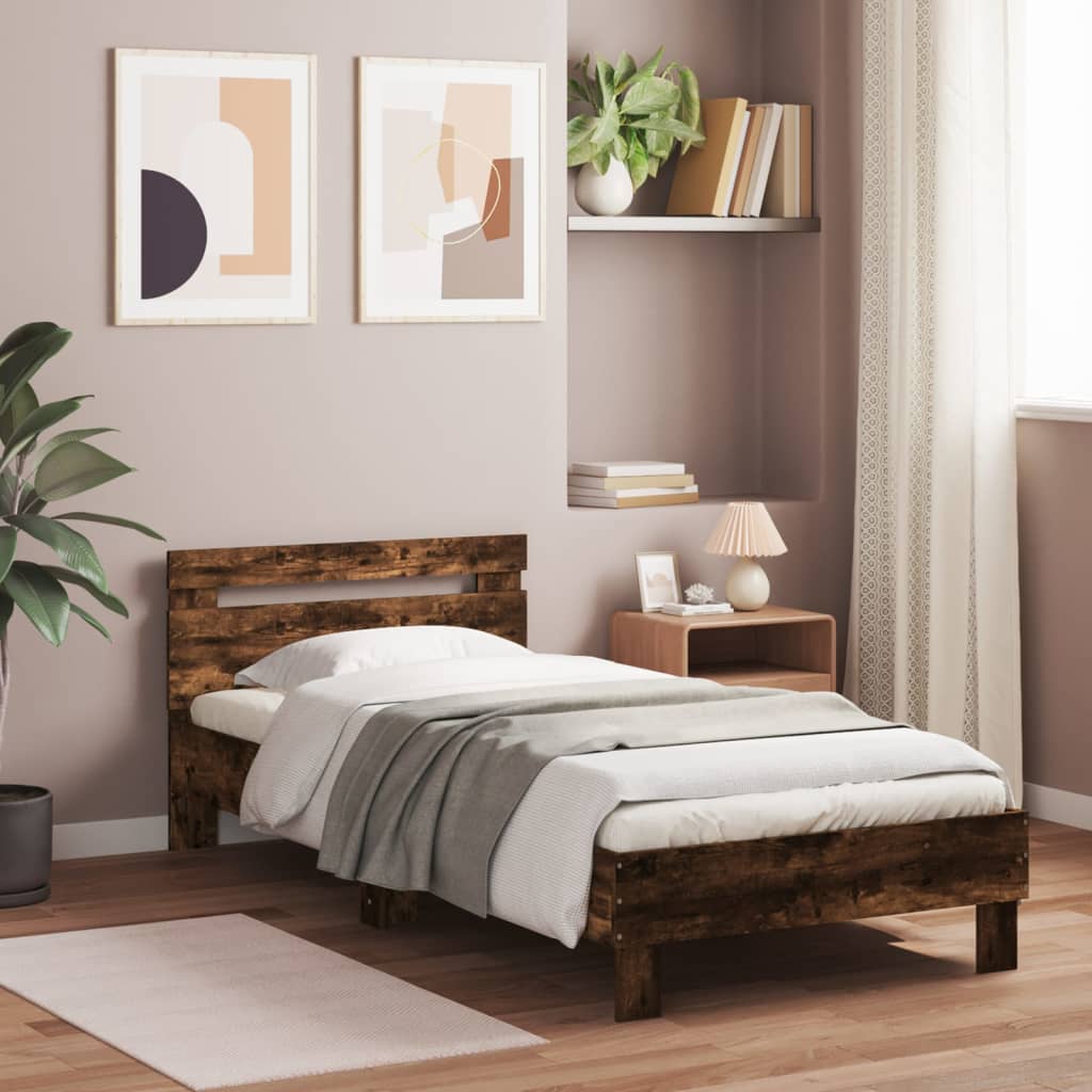 Okvir za krevet s uzglavljem i LED svjetlima boja hrasta