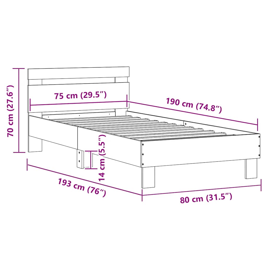 Okvir za krevet s uzglavljem i LED svjetlima bijeli 75x190 cm