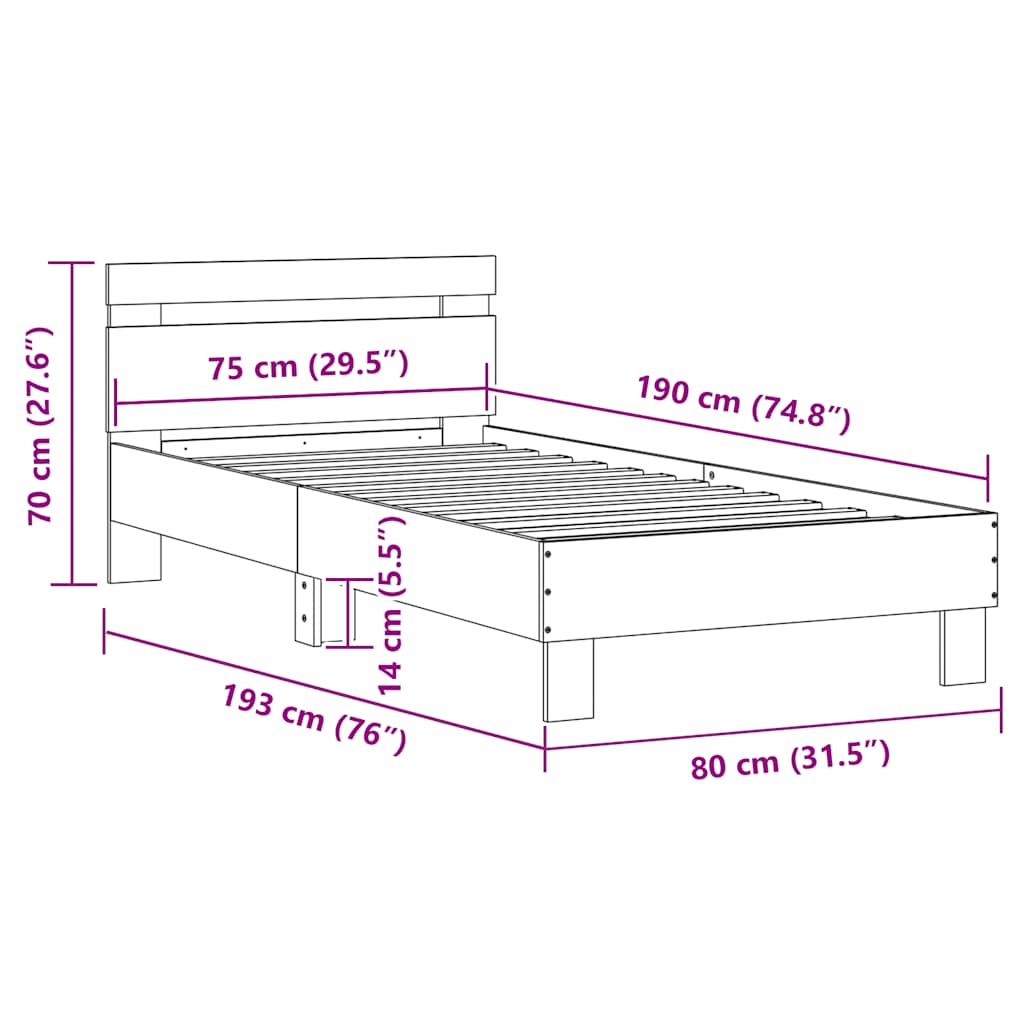 Okvir za krevet s uzglavljem i LED svjetlima crni 75x190 cm