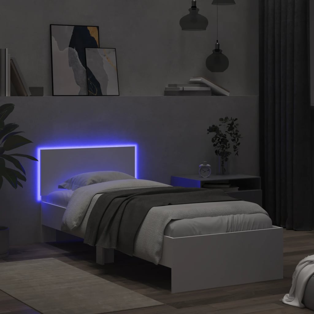 Okvir za krevet s uzglavljem i LED svjetlima bijeli 90x190 cm