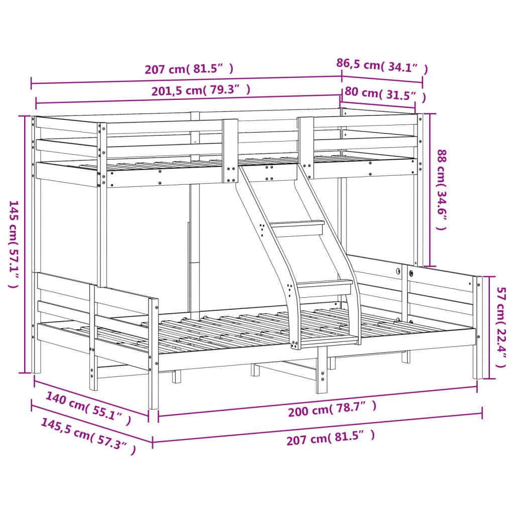 Krevet na kat 80x200/140x200 cm masivna borovina bijela