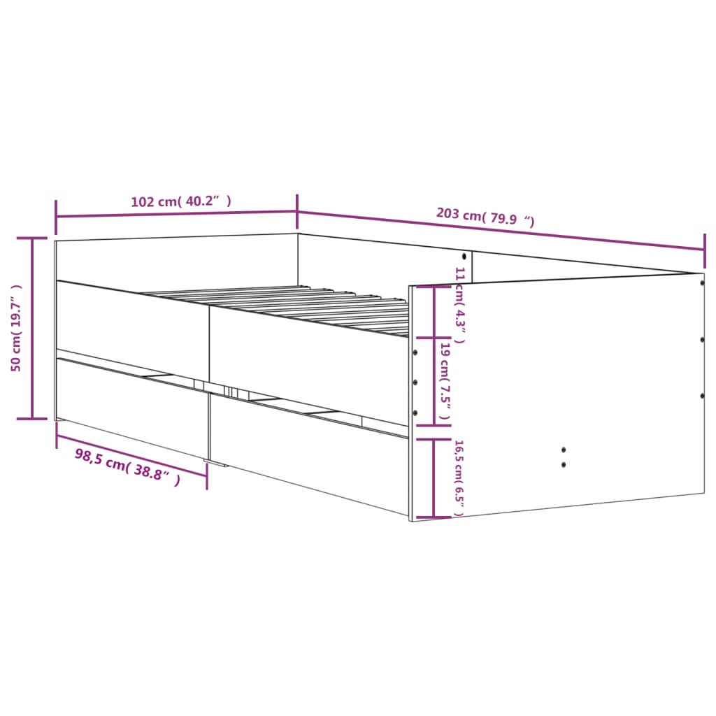 Okvir kreveta s ladicama crni 100 x 200 cm