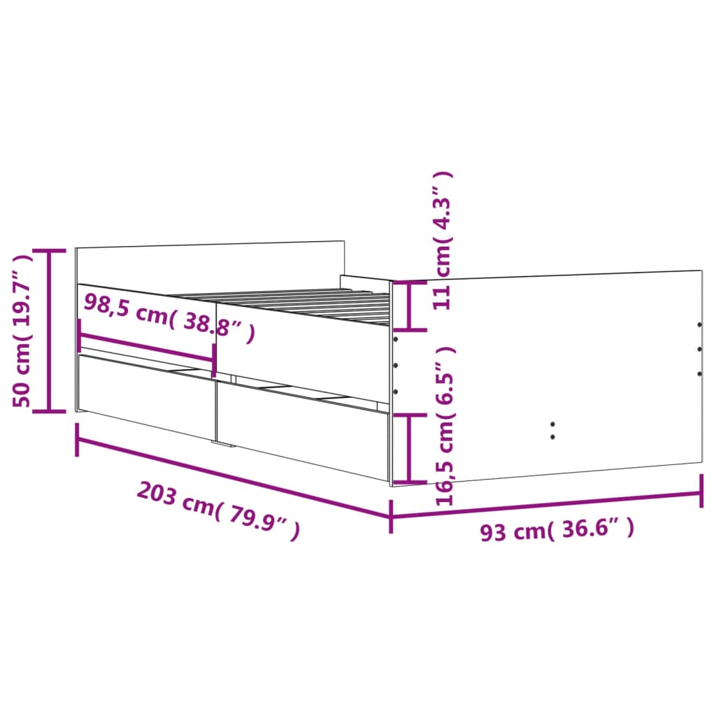 Okvir kreveta s ladicama boja dimljenog hrasta 90x200 cm
