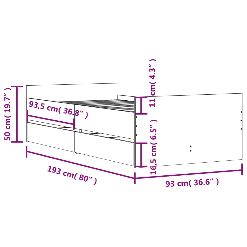 Okvir kreveta s ladicama boja dimljenog hrasta 90 x 190 cm