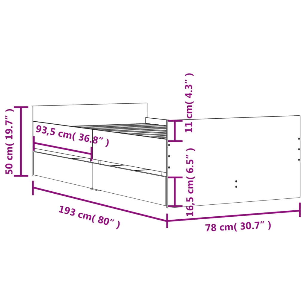 Okvir kreveta s ladicama boja betona 75 x 190 cm za jednu osobu