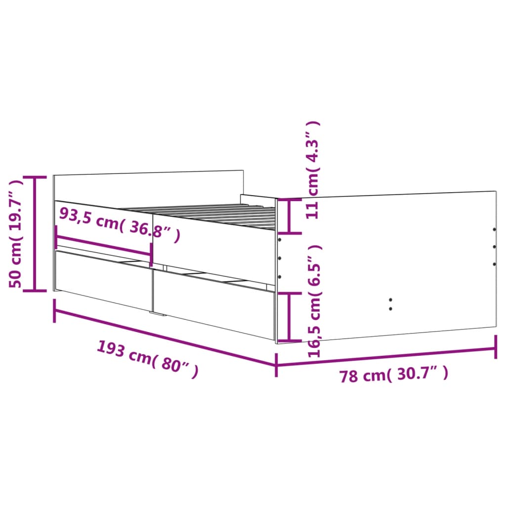 Okvir kreveta s ladicama boja hrasta 75 x 190 cm za jednu osobu