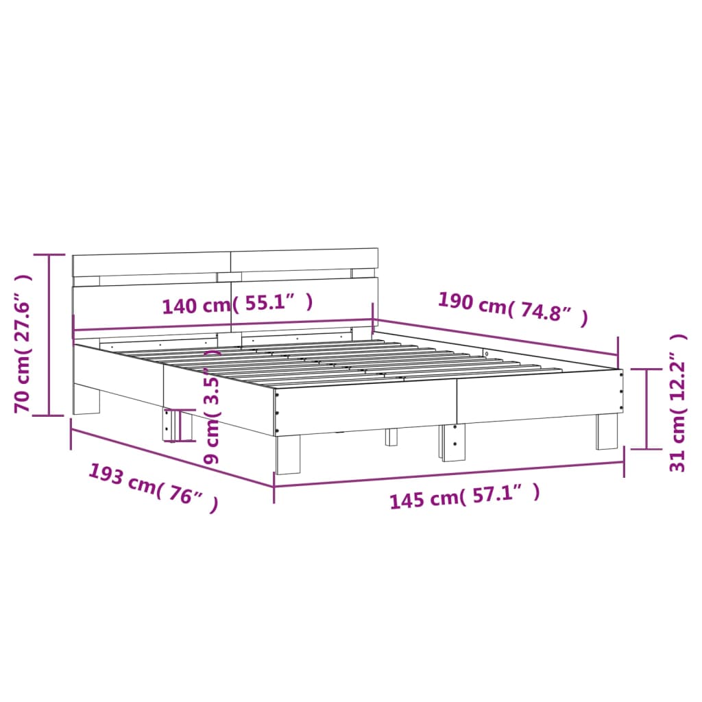 Okvir kreveta s uzglavljem bijeli 140x190 cm konstruiranog drva