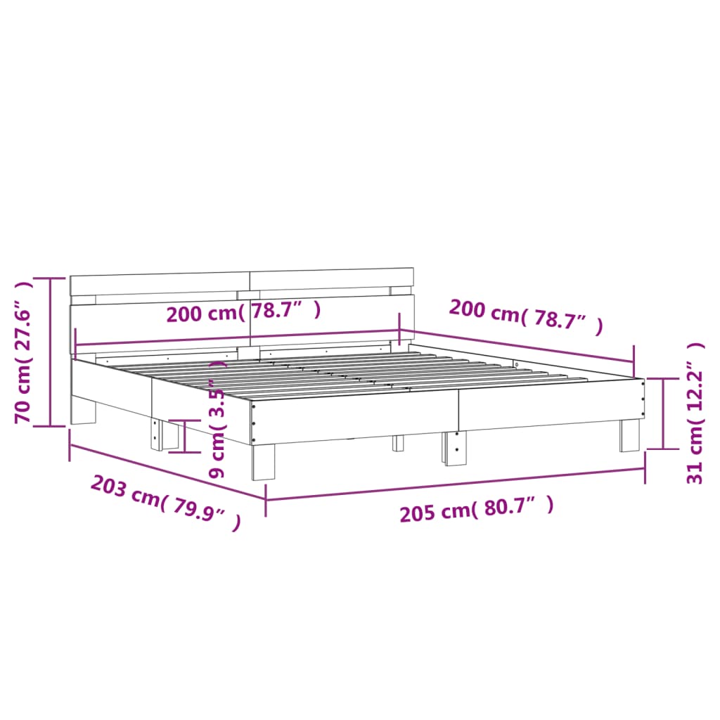 Okvir za krevet s uzglavljem i LED boja smeđeg hrasta 200x200cm