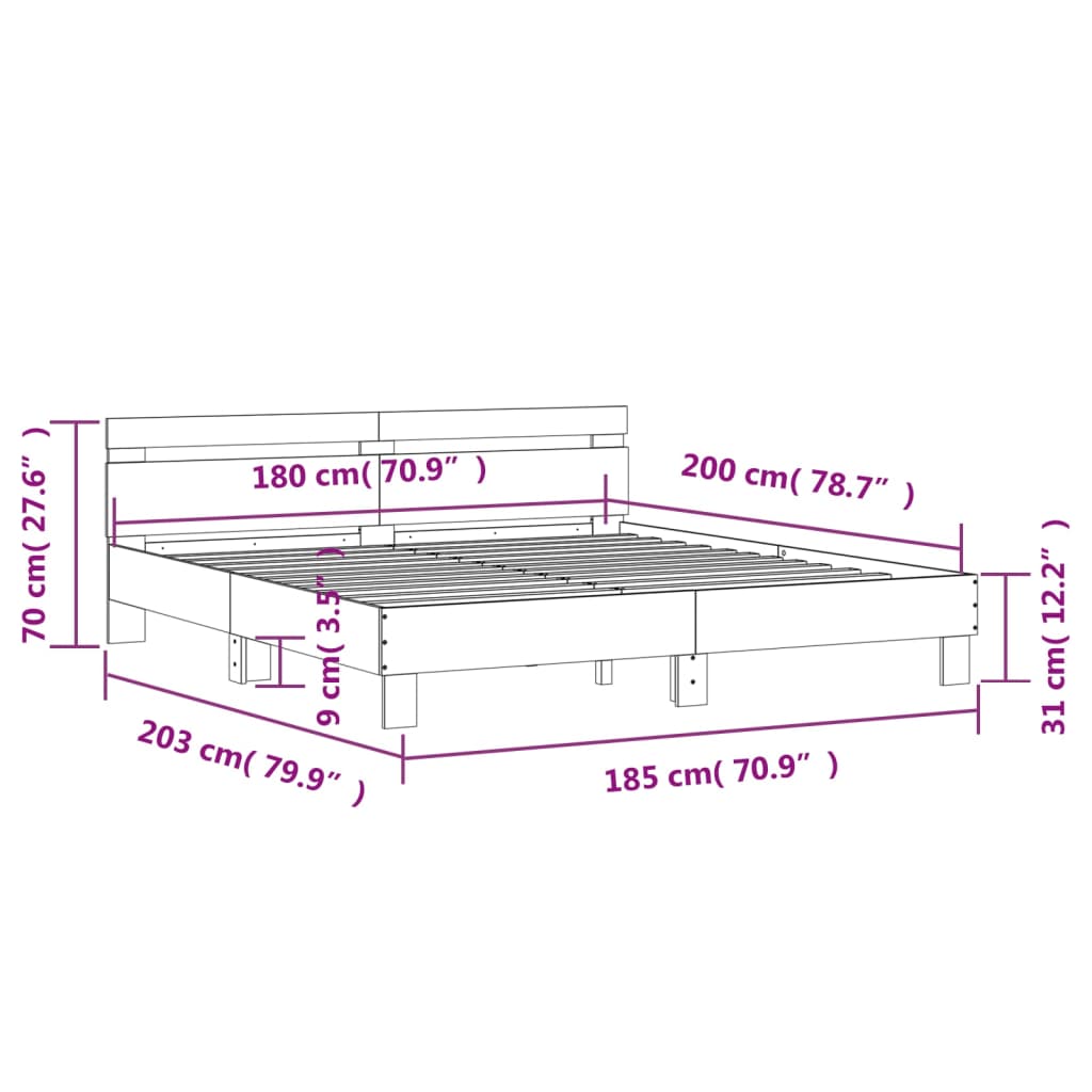 Okvir za krevet s uzglavljem i LED crni 180x200 cm
