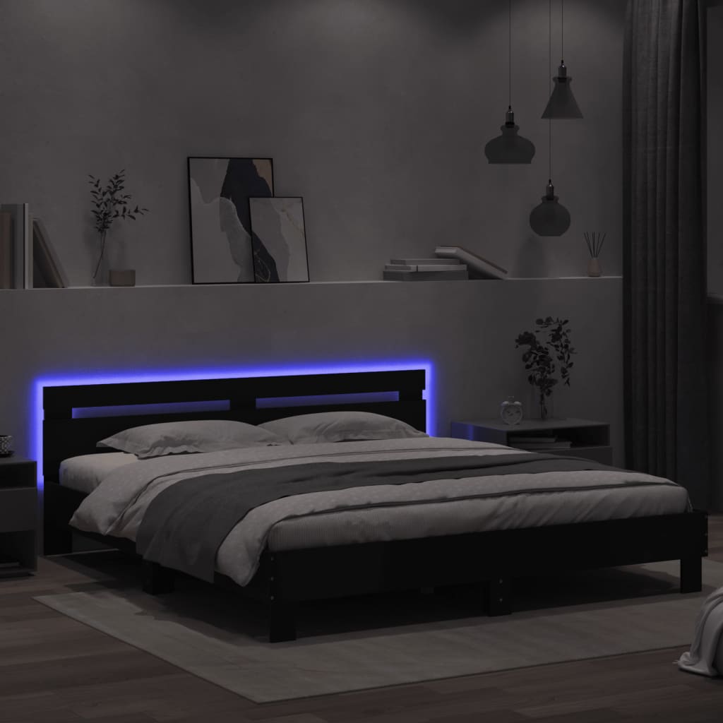 Okvir za krevet s uzglavljem i LED crni 180x200 cm