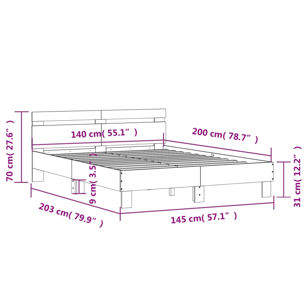 Okvir za krevet s uzglavljem i LED boja hrasta 140x200 cm