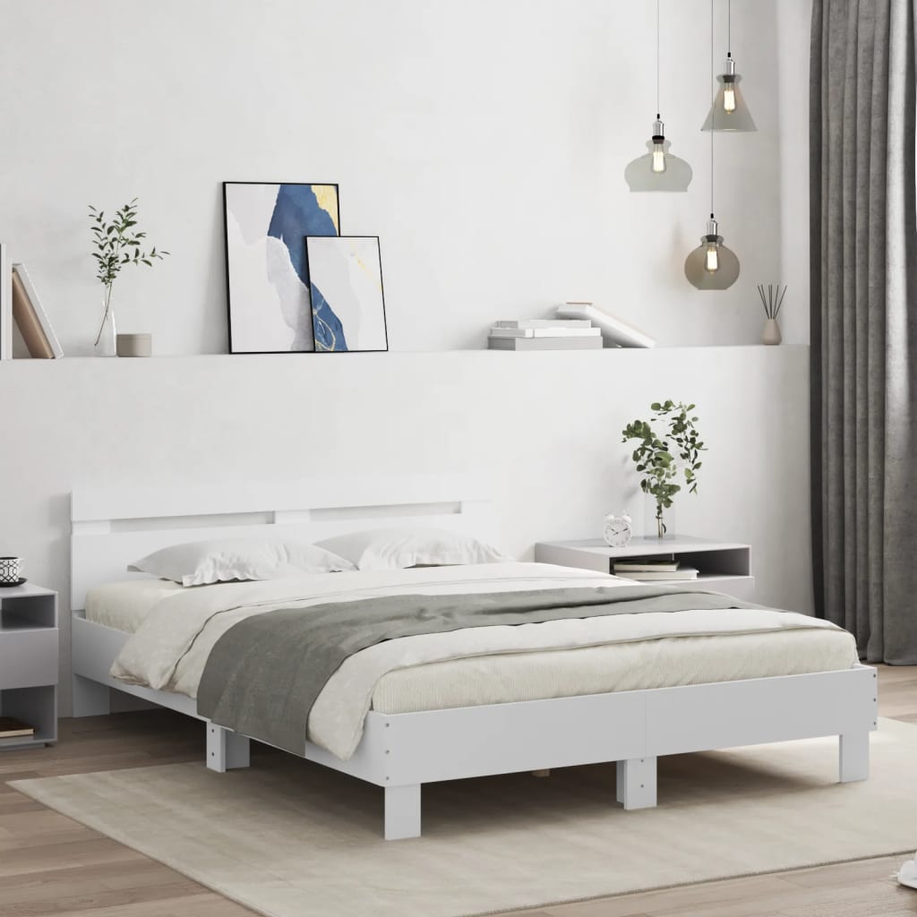 Okvir kreveta s uzglavljem i LED svjetlima bijeli 140 x 190 cm