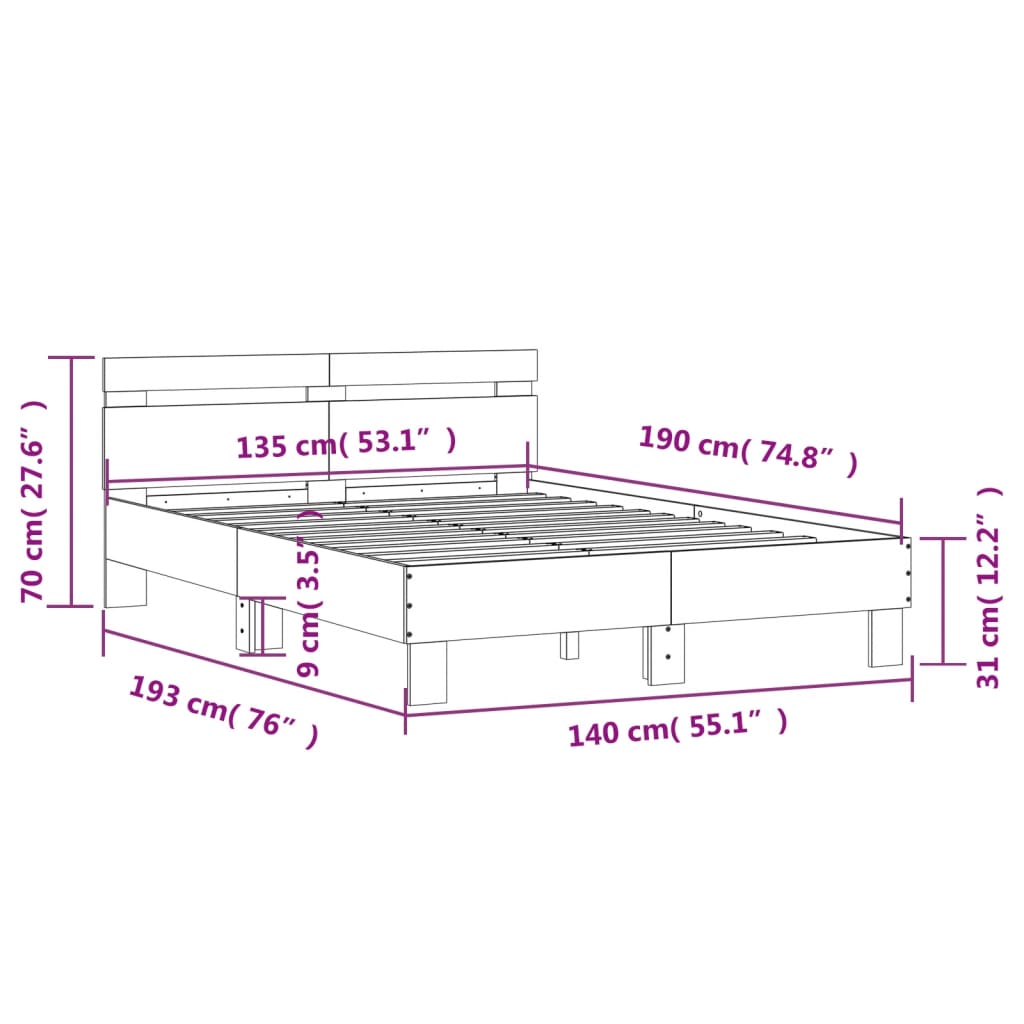 Okvir za krevet s uzglavljem i LED boja hrasta 135x190 cm