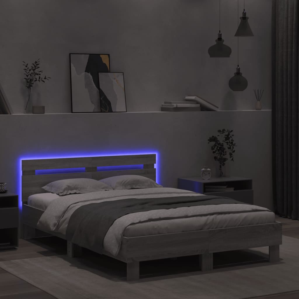 Okvir kreveta s uzglavljem i LED boja hrasta 135x190 cm