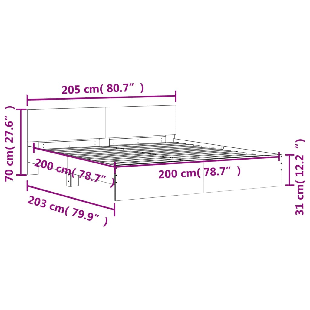 Okvir kreveta s uzglavljem i LED svjetlima bijeli 200 x 200 cm
