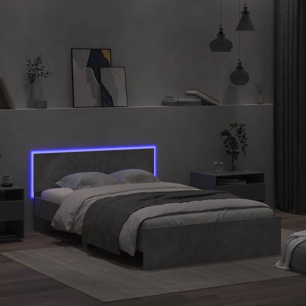 Okvir kreveta s uzglavljem LED siva boja betona 135 x 190 cm