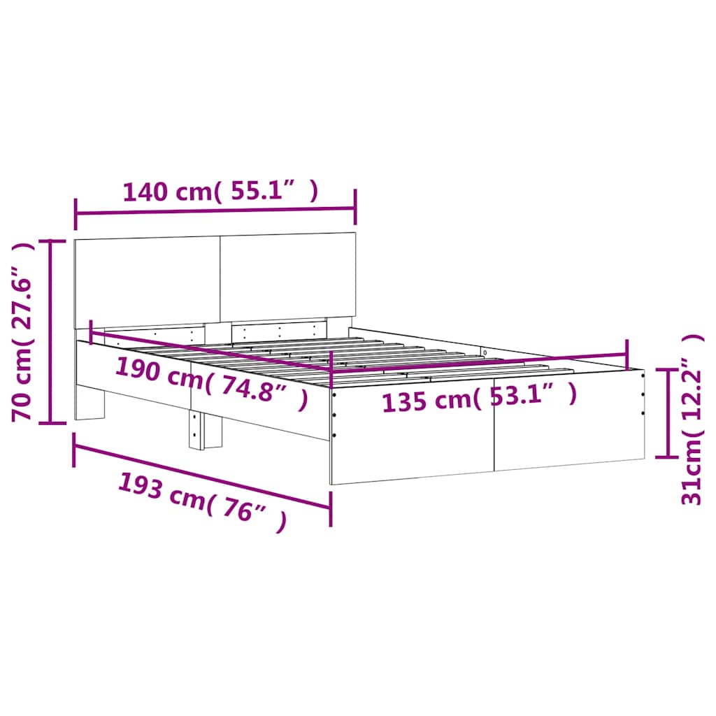 Okvir za krevet s uzglavljem i LED boja hrasta 135x190 cm