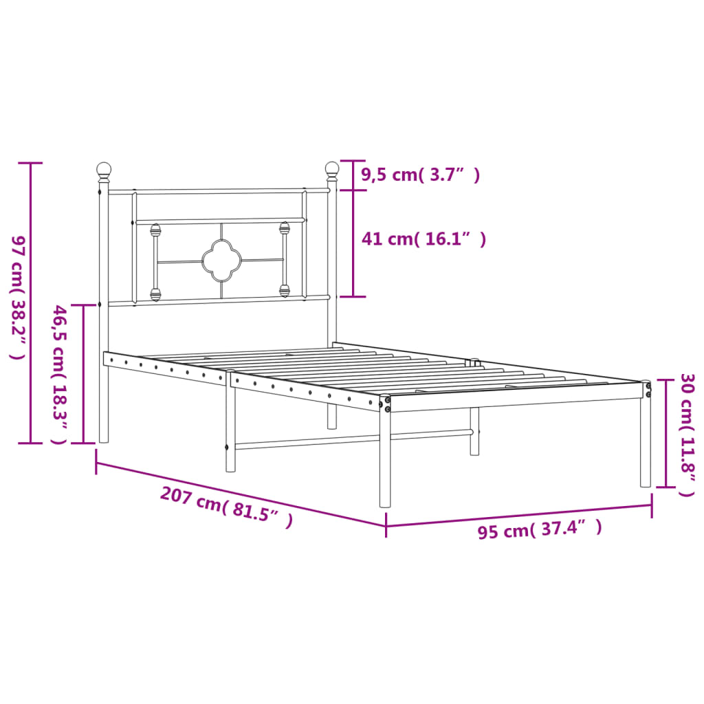 Metalni okvir za krevet s uzglavljem crni 90x200 cm